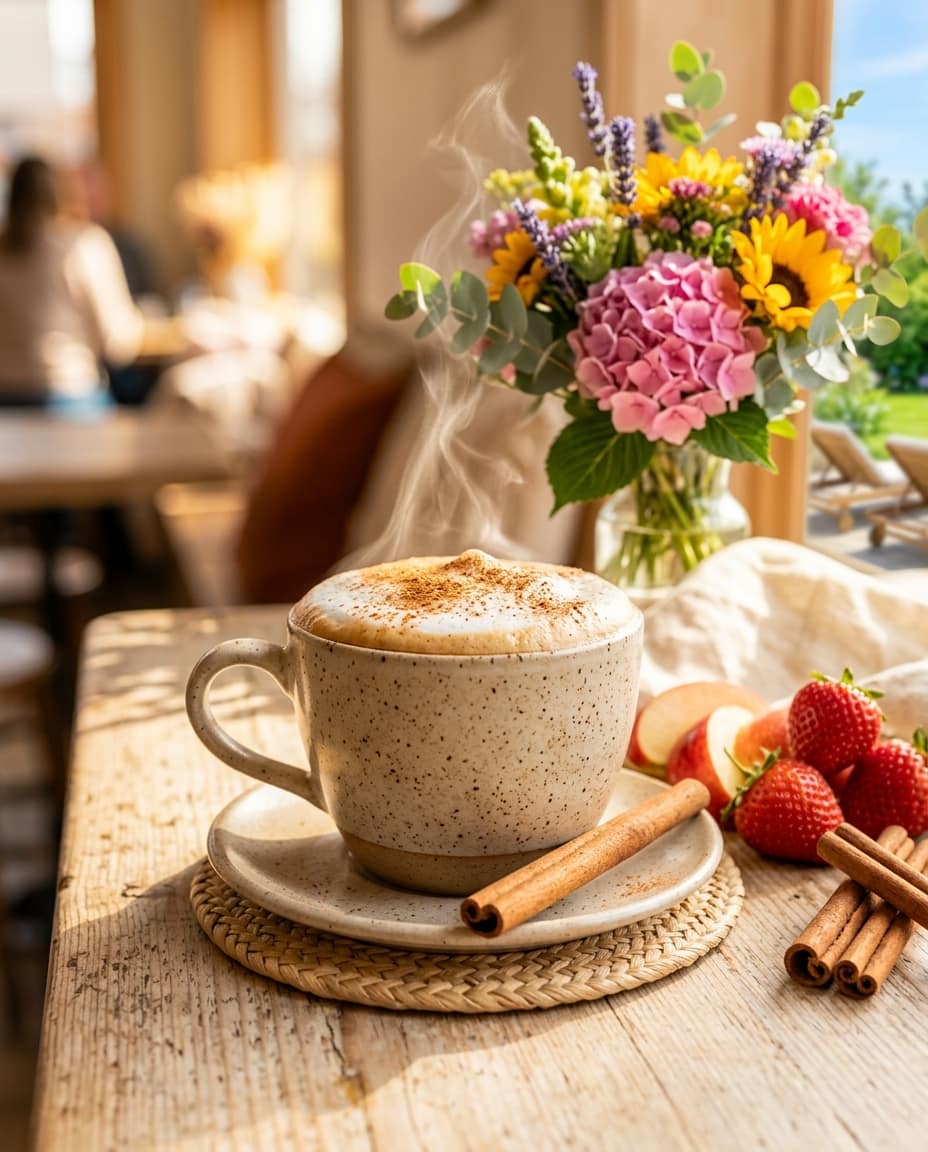 Herbstliche Herbalife-Rezepte: Formula 1 Shake mit Pfirsich, Protein-Kaffee mit Zimt und Beeren-Porridge auf einem Holztisch mit Aepfeln und Herbstlaub